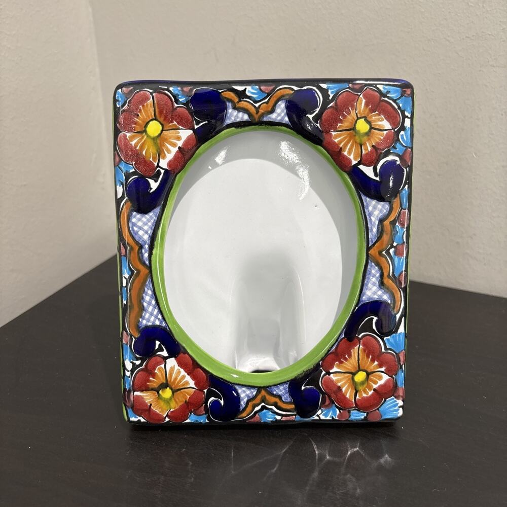 Mexican Terracotta Ceramic Hand Painted Photo Frame 4x6 Picture Floral Signed